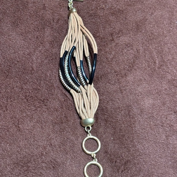 Tan/Green/Silver Women's Twelve Double Strand Cord Toggle Closure Bracelet - Picture 9 of 11